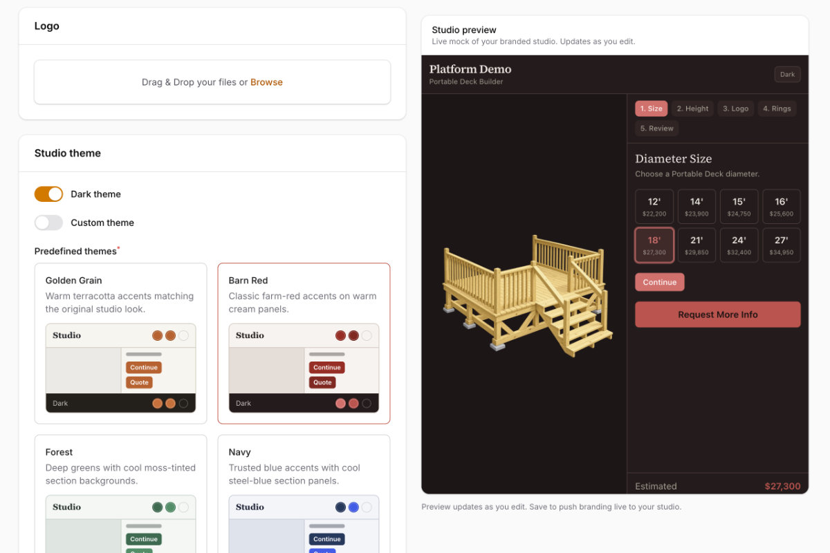 Dealer-branded Portable Deck Builder configurator