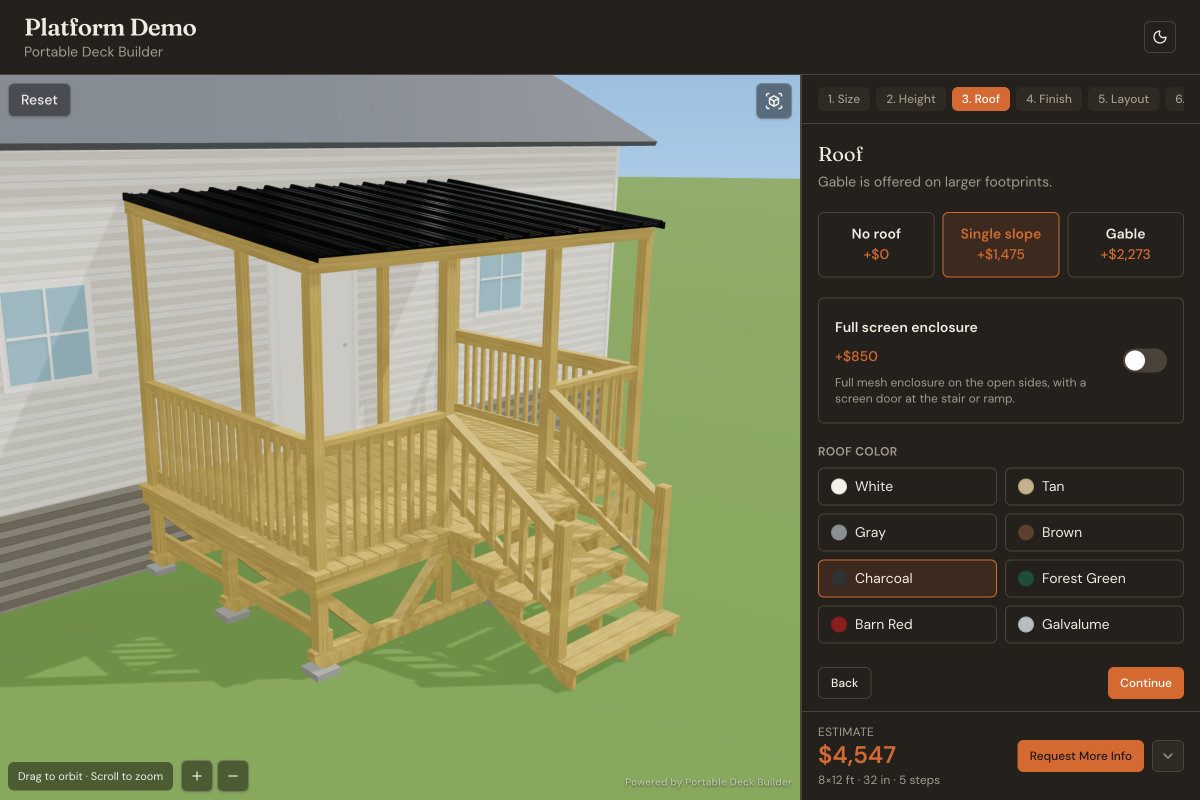 Portable Deck Builder studio with size, height, logo, and ring configuration