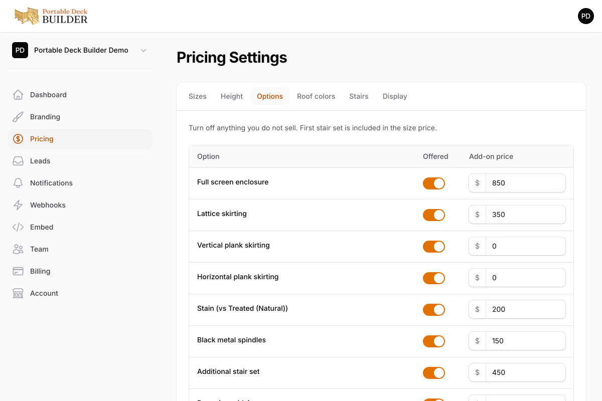 Dealer pricing settings with size, height, roof, screen, finish, and access pricing